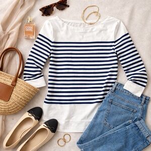 Mango Parisian Breton Stripe Boatneck Top Navy White Cotton NWT M